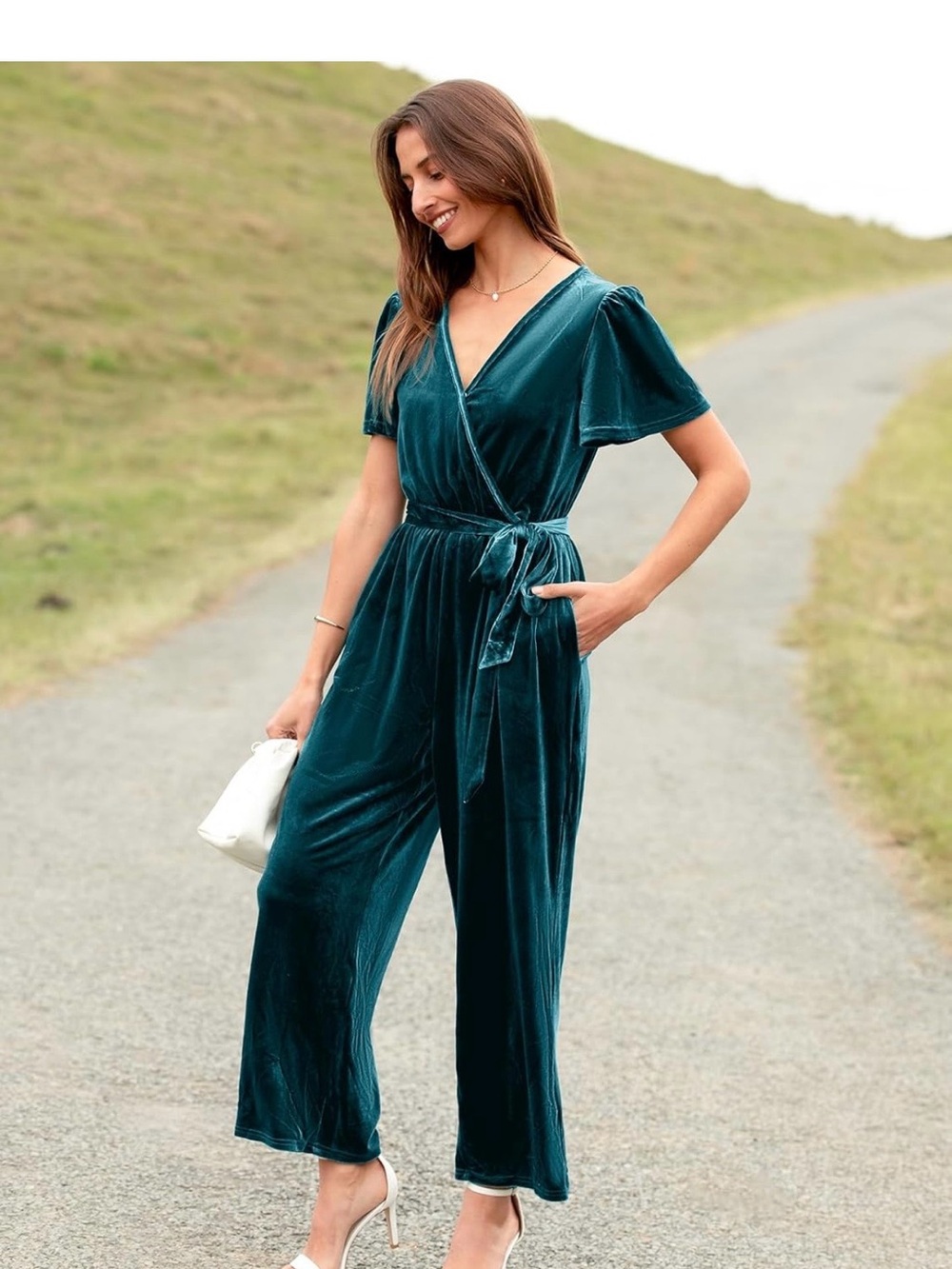 Velvet Wrap Jumpsuit in Teal - Picture 2 of 2